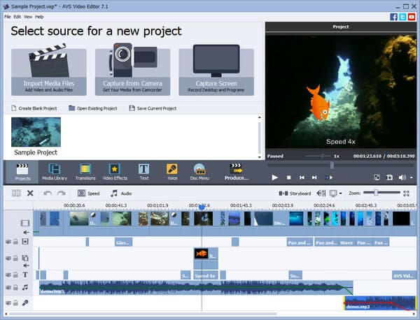 Interface do editor de vídeo AVS