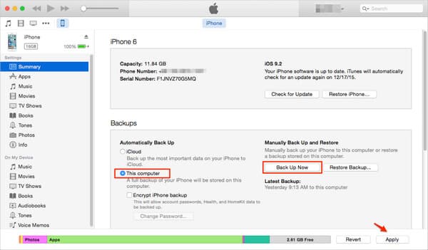 Backup de mensagens de texto com o iTunes