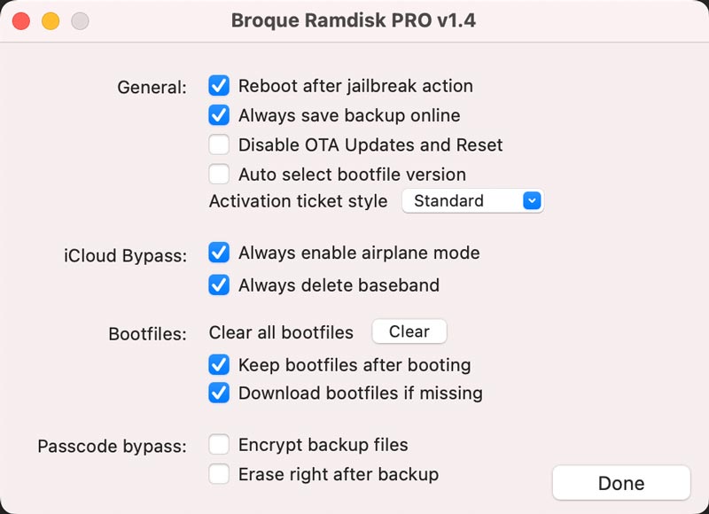Configurações de desvio do Broque Ramdisk Pro iCloud