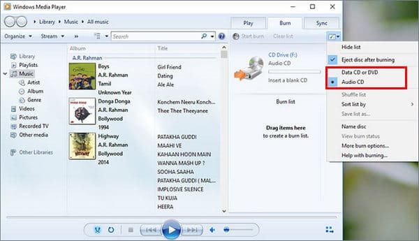 Gravar CD de áudio com o Windows Media Player