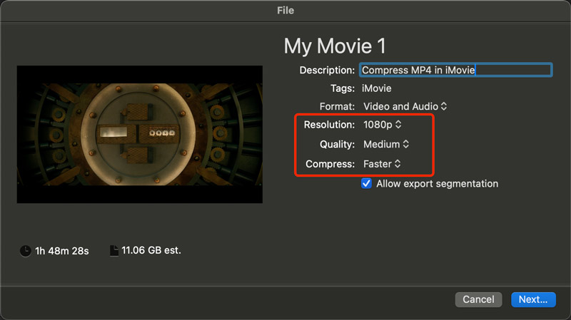 Compactar tamanho de arquivo MP4 no Mac iMovie