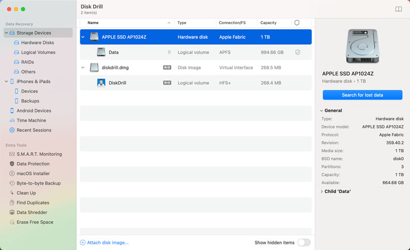 Pesquisa do Disk Drill por dados perdidos no Mac