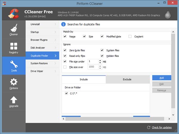 Localizador de arquivos duplicados do CCleaner