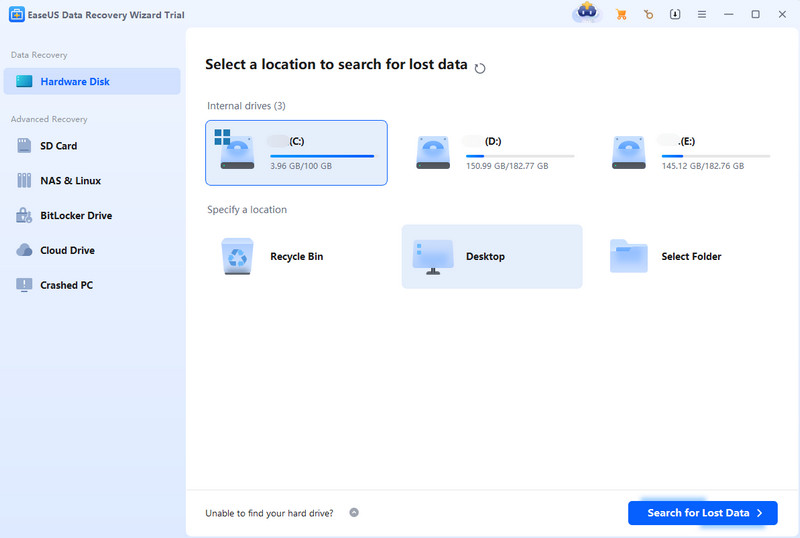 Interface de recuperação de dados Easeus
