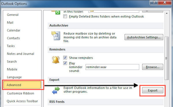 Escolha Avançado e Exportar contatos do Outlook