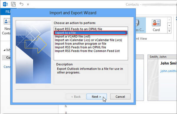 Exportar para um arquivo Outlook 2013