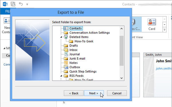 Selecione a pasta para exportar contatos do Outlook