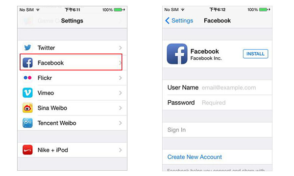 Faça login nas contas do iPhone no Facebook