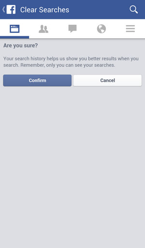Confirme para limpar o histórico de pesquisa do Facebook no telefone Android ou iPhone