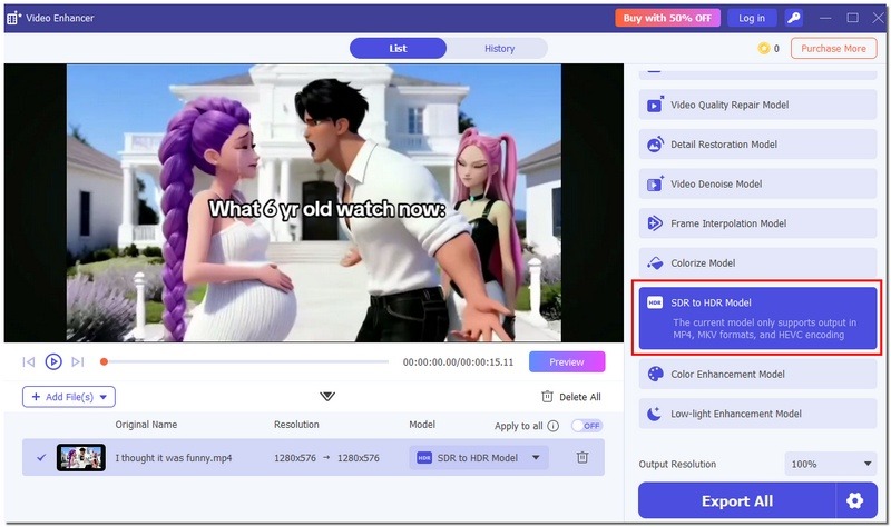 Selecione o modelo SDR para HDR