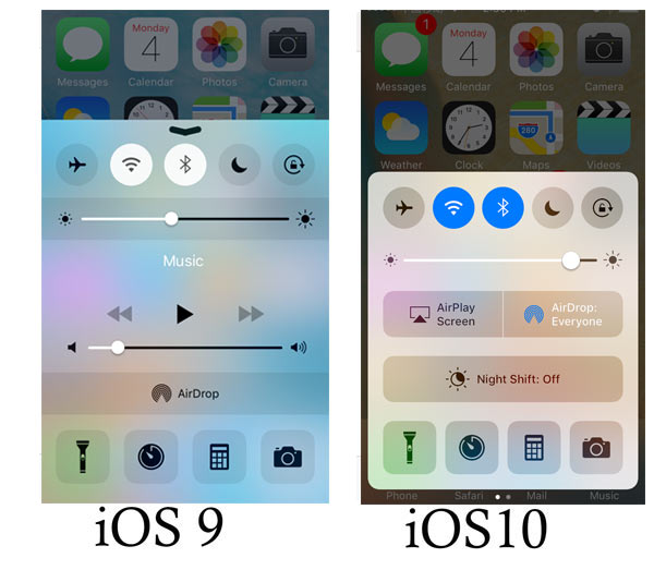 iOS 10 VS iOS 9 Centro de Controle