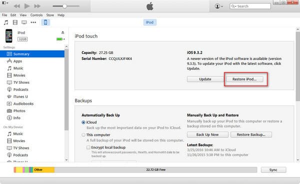 Restaurar iPod desativado com o iTunes