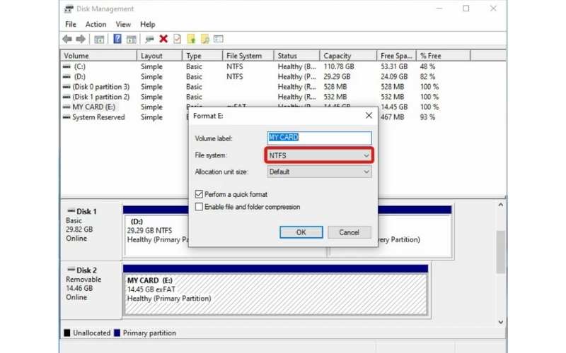 Escolha NTFS ou EXFAT