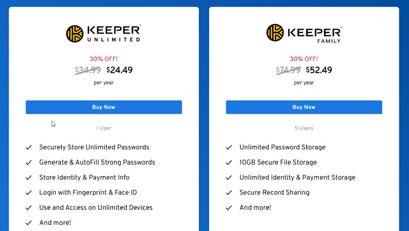 Parte dos planos de preços do Keeper Password Manager