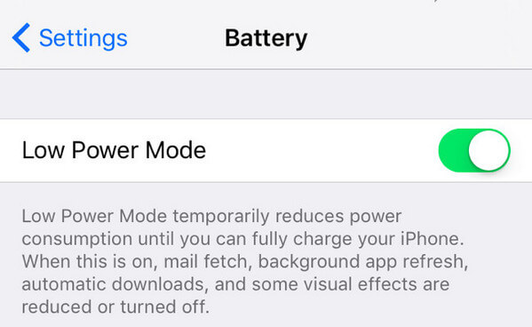 Modo de energia inferior acima da porcentagem de bateria do iPhone