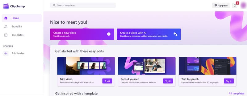 Interface do Clipchamp