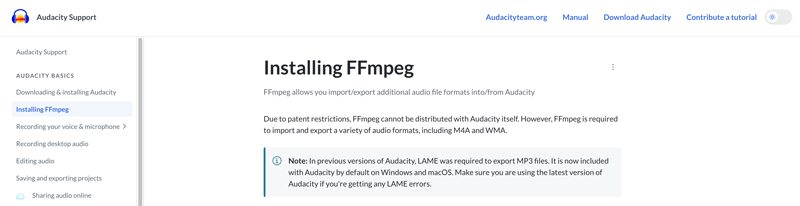 Audacity instalando FFmpeg