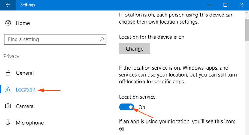 Ativar o serviço de localização do Windows 10