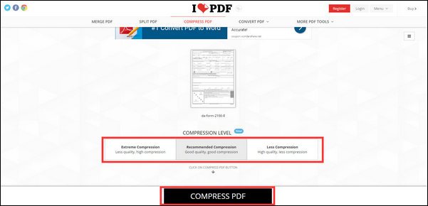 Selecione o nível de compactação para iniciar