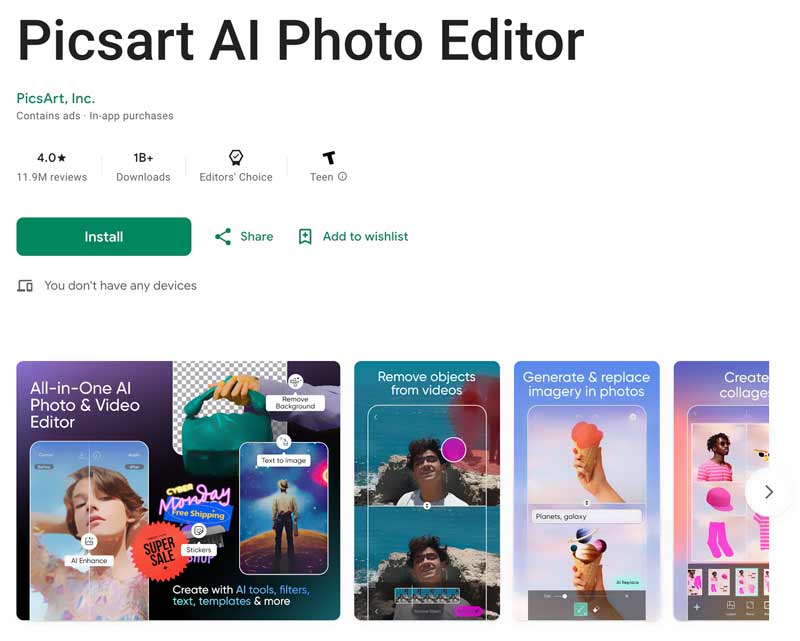 Aplicativo PicsArt AI Editor de fotos para Android