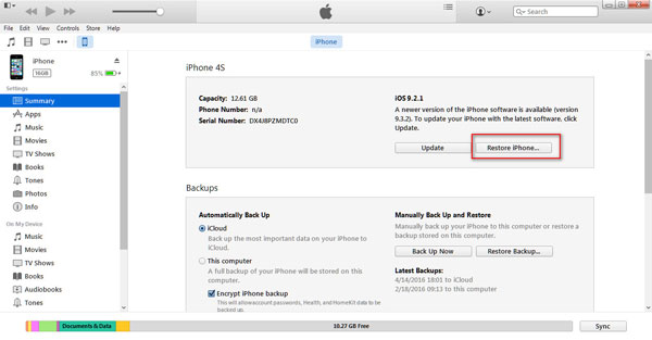 Redefinir o iPhone via iTunes para reparar o iPhone emparedado