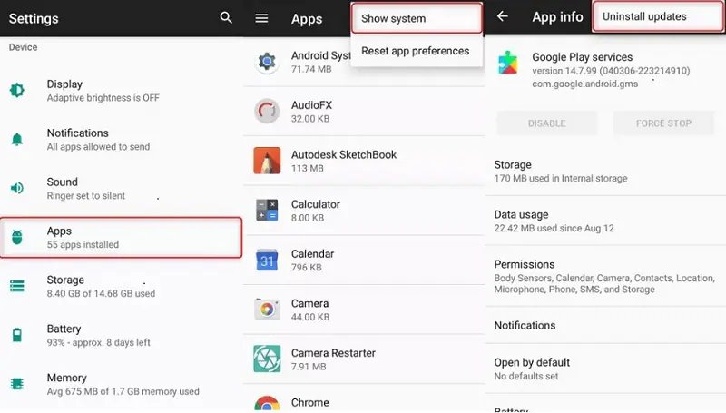 Desinstalar atualizações do Google Play Services