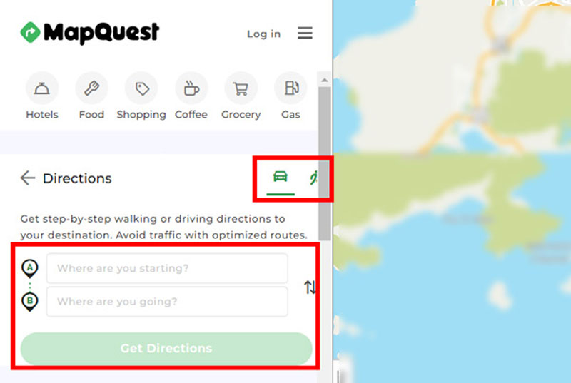 Direções do MapQuest de um local para outro