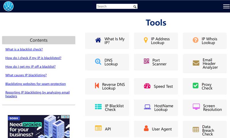 Captura de tela das ferramentas