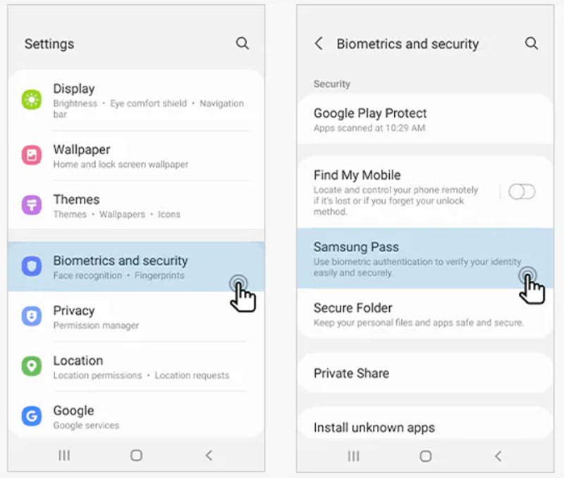 Encontre o Samsung Pass nas configurações