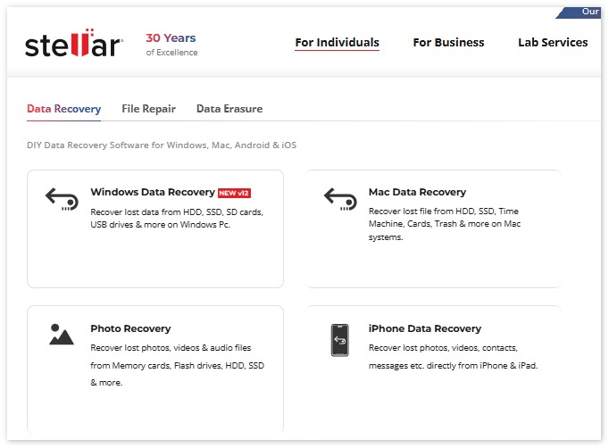 página inicial de recuperação de dados estelar