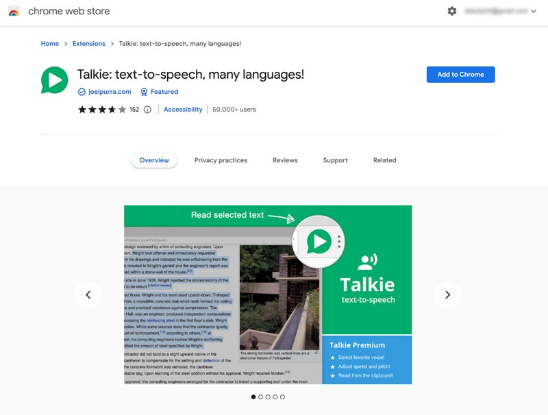 Extensão Talkie Text to Speech do Chrome