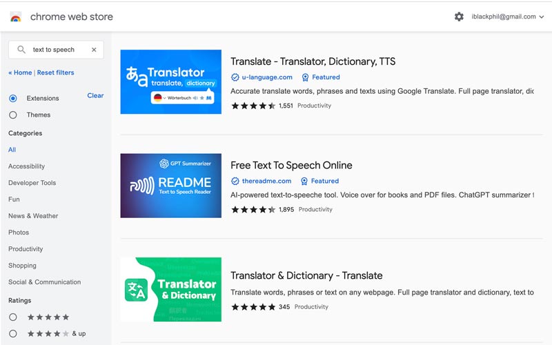 Extensões TTS na Chrome Web Store