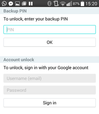 PIN de backup ou Login do Google