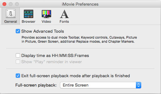 Configurações de preferências do iMovie