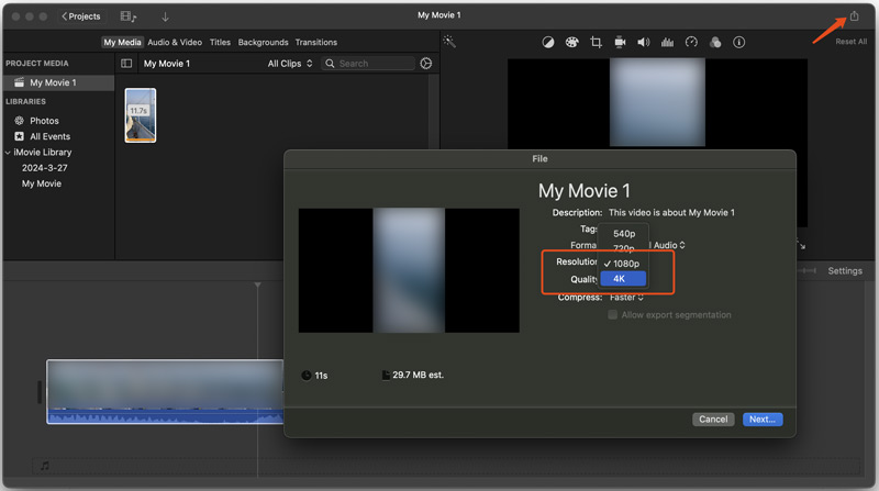 Converta a resolução de vídeo para 4k usando o Imovie