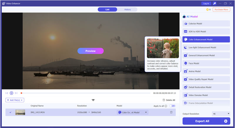 Modelo de correção de cores de vídeo com IA da Aiseesoft