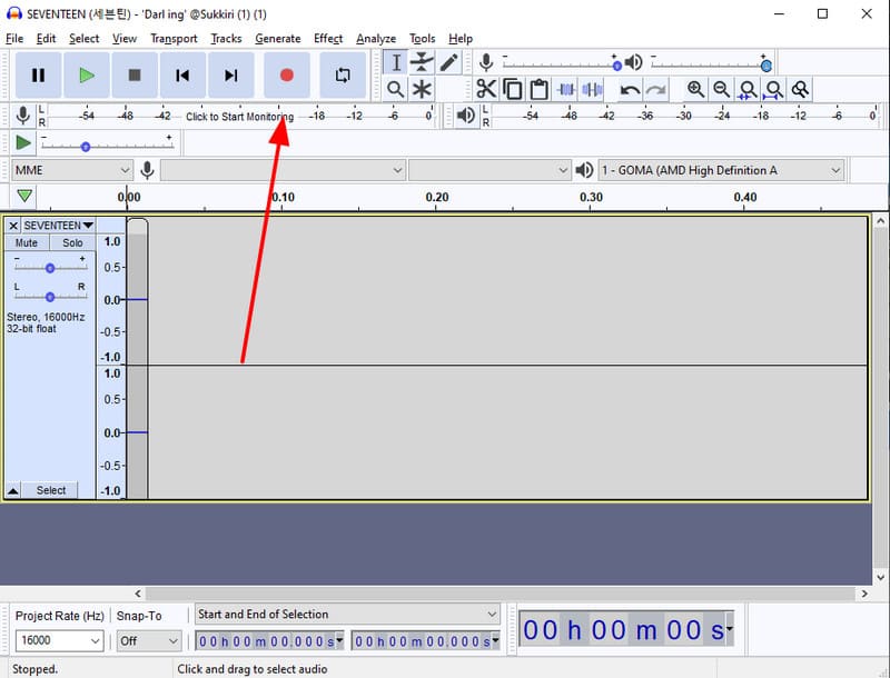 Registro da barra de ferramentas de transporte do Audacity