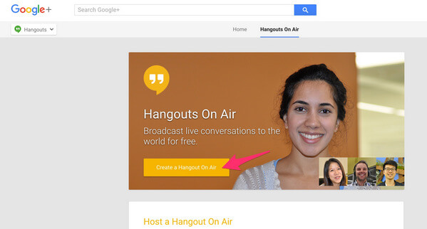 Selecione Google Hangout On Air