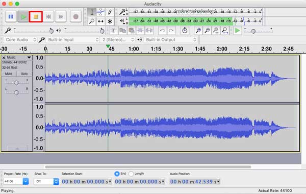 Pare de gravar áudio com o Audacity