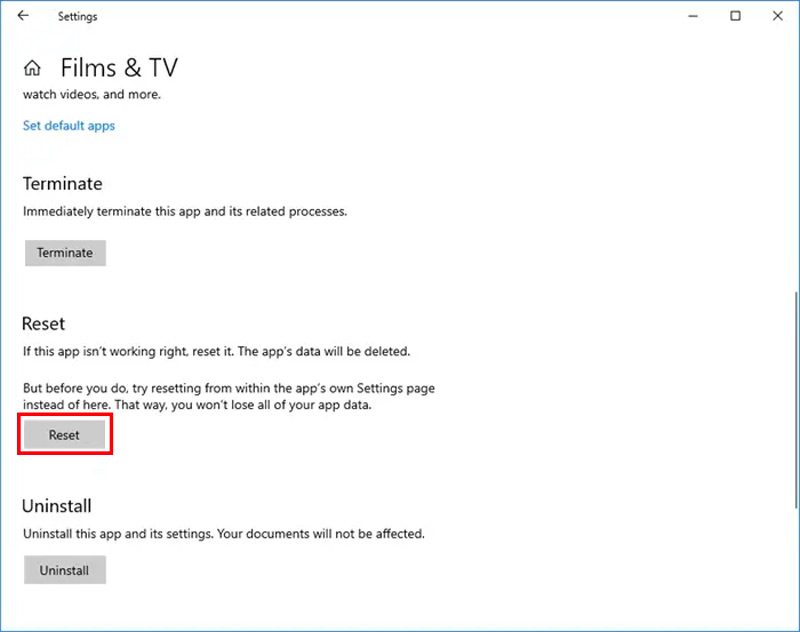 Redefinir filmes e TV do Windows 11 10