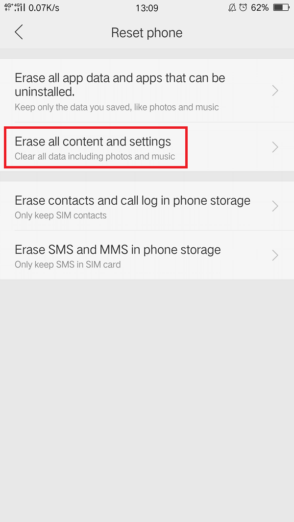 Apagar todo o conteúdo e configurações