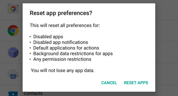 Redefinir preferências de aplicativo