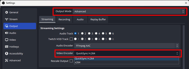 Alterar a codificação de vídeo no OBS