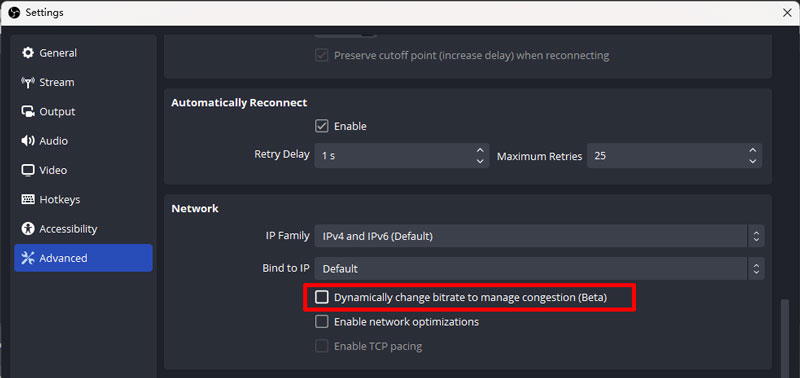 Ative a taxa de bits dinâmica no OBS.