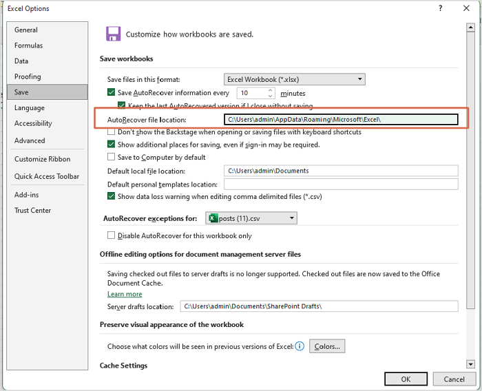 Localização do arquivo de recuperação automática do Excel