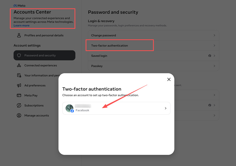 Ativar autenticação de dois fatores do Facebook Central de contas