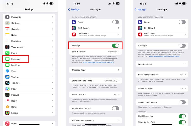 Desligue e ligue o iMessage no iPhone