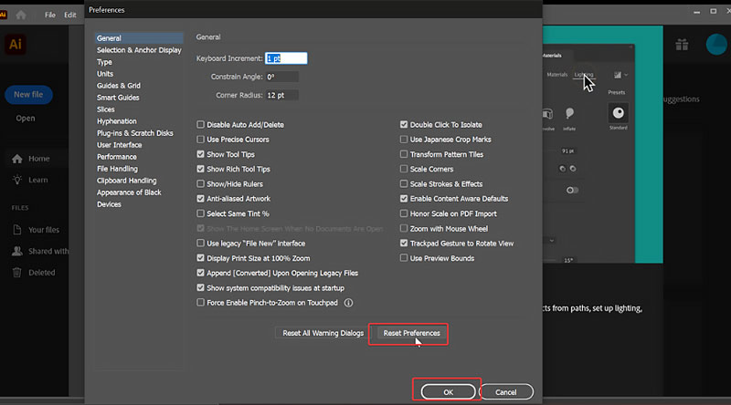 Redefinir as preferências do Adobe Illustrator