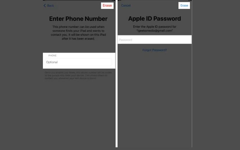 Digite a senha da Apple e apague