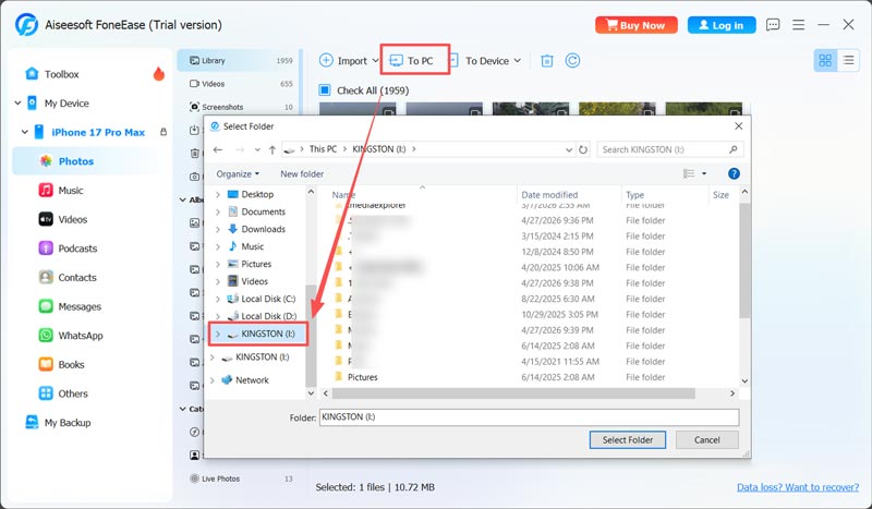 Transferir fotos do iPhone para um disco rígido externo com Foneease
